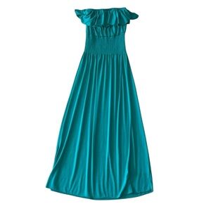 Feathers Teal Ruffle Maxi Dress with Smocked Bodice Size Small